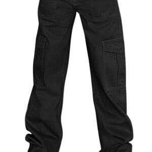Grungecore Black Wide Leg Cargo Pants with White Stiching